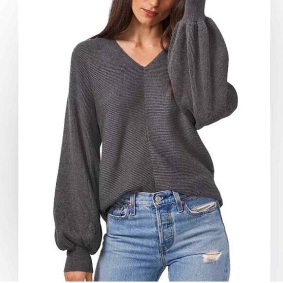 1. State Sweaters - 1.STATE Ribbed Balloon Sleeve Sweater Womens Small Gray Cotton